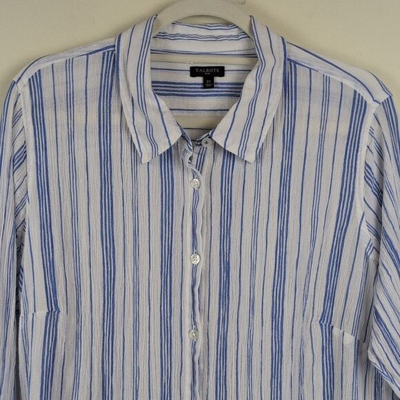Talbots Plus Blue & White Cotton Button Front Shirt Classic Mixed Striped Top - Picture 3 of 8
